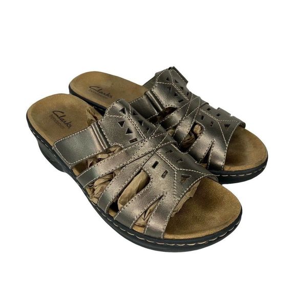 Clark's Bendable Sandals Women's 9 Wedge Heel Gold Leather Comfort Slip On 26CM - Picture 1 of 6